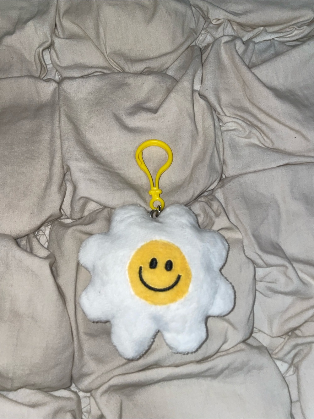 Free People Fluffy White & Yellow Smiley Flower Bag Charm
